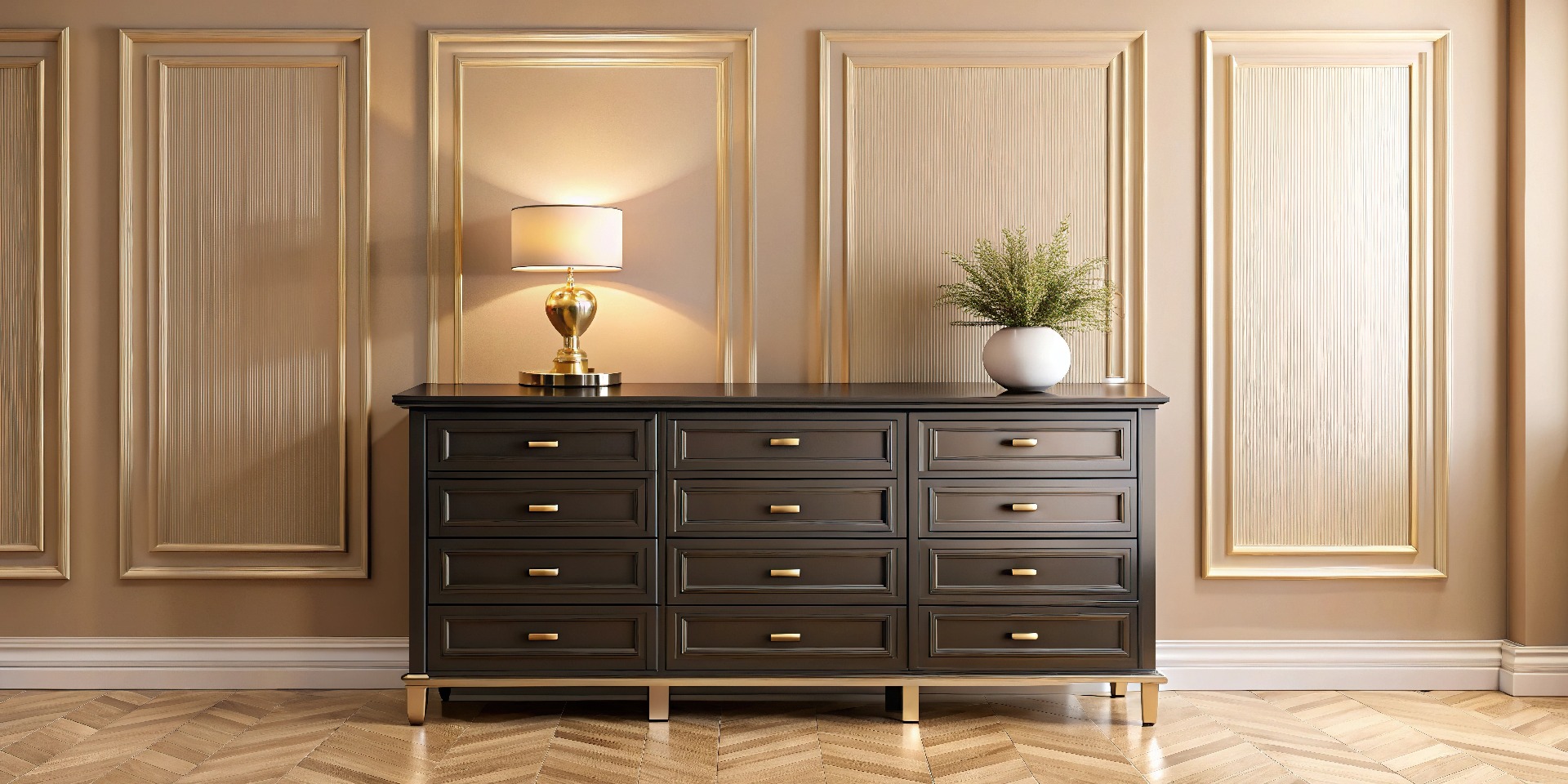 Elegant ebony wood dresser with gold accents in front of light peach luxury house wall reflected in mirror