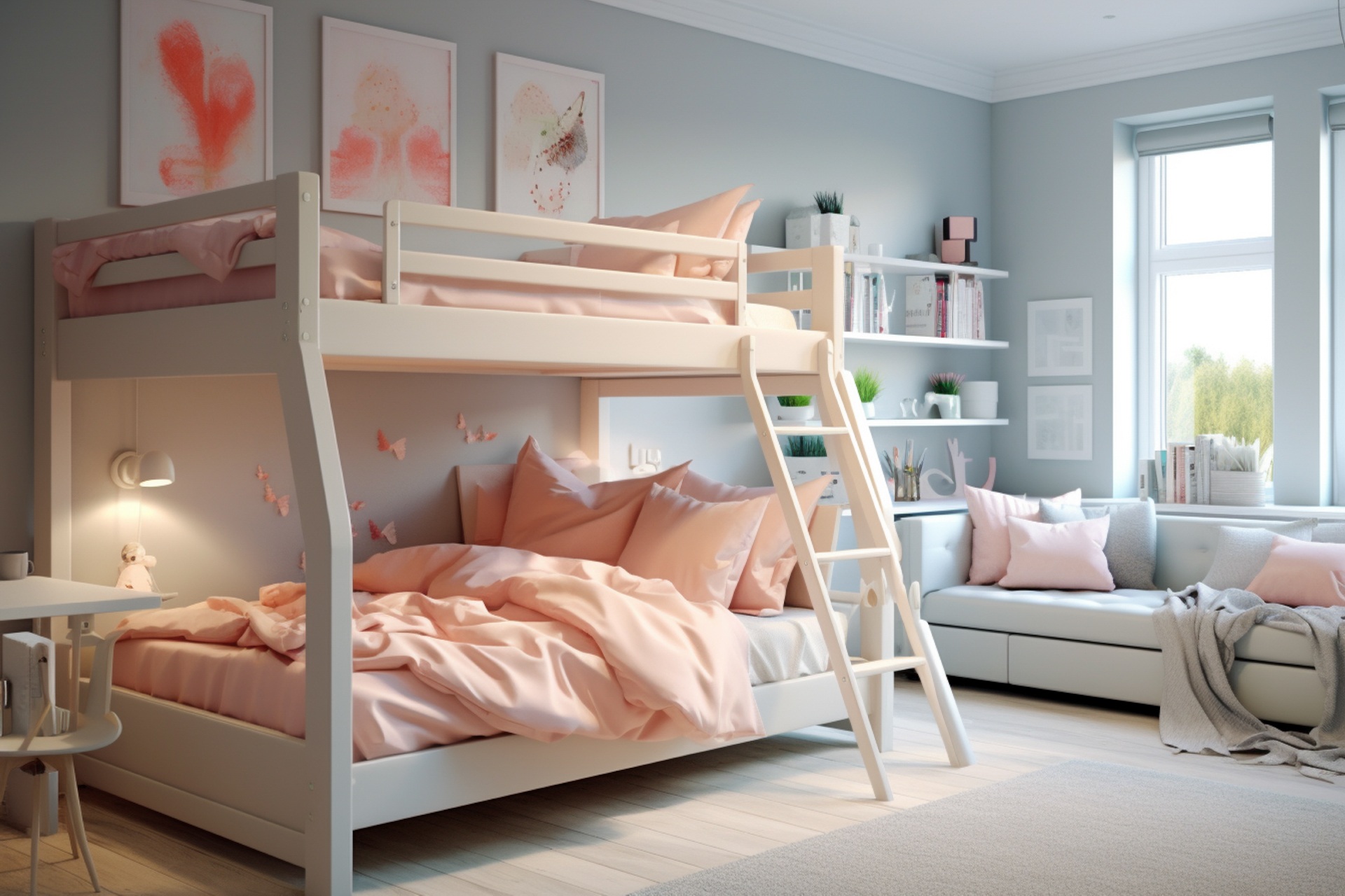 child‚Äôs bedroom with bunk beds but very clean interior, pastel colours and large windows. Loft style --ar 3:2 --v 5.2 Job ID: cd82a5bc-0bbb-4ac8-9aec-22aba4ff9ad9